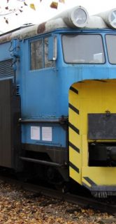 Jest to niebieski pług odśnieżny ze żółtym przodem, wyposażony w lemiesz i wirniki, zaparkowany na torach kolejowych. Na dachu znajdują się reflektory oświetleniowe, a bok pojazdu posiada drzwi i okna. Pojazd jest czysty i w dobrym stanie, otoczony przez opadłe liście, co wskazuje na zdjęcie wykonane jesienią.