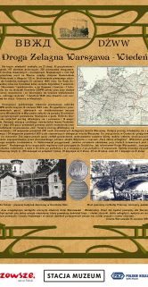 Plakat przedstawia informacje o Drogi Żelaznej Warszawsko-Wiedeńskiej, ujęte w stylistykę nawiązującą do epoki tworzenia linii. Na górze widnieje tytuł "BBXI DZW" oraz mapa przedstawiająca przebieg trasy, a poniżej znajdują się fotografie, monety i tekst. Ramka plakatu zdobiona jest ornamentami, a całość wykonana w odcieniach zieleni, brązu i beżu.