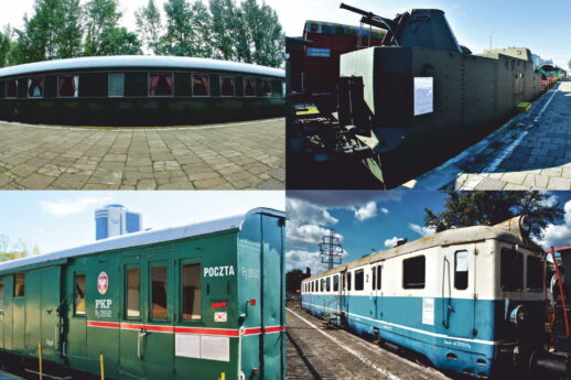 Cztery różne typy wagonów kolejowych są prezentowane w słoneczny dzień. Pierwszy wagon ma zaokrąglone okna i jest koloru zielonego, drugi wyposażony jest w działo i ma szaro-zieloną kolorystykę. Trzeci wagon ma napis 
