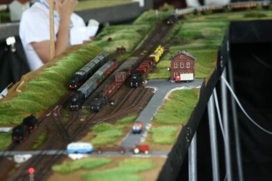Makieta kolejowa prezentuje tory z zestawami różnych modeli pociągów i lokomotyw umieszczonych równolegle. Na jednej z dróg znajduje się czerwony budynek z białymi oknami, a obok torów zlokalizowane są modele samochodów. W tle widoczni są odwiedzający koncentrujący się na szczegółach ekspozycji.