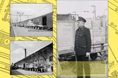 Czarno-białe zdjęcia przedstawiają sceny związane z kolejnictwem: widoczne są wagony kolejowe, peron oraz pracownik kolei w mundurze. Eksponaty są częścią wystawy, która świętuje rocznicę istnienia dworca Warszawa Główna Osobowa, ilustrując jego historyczną rolę. Stacja Muzeum prezentuje zbiory opowiadające o dawnych czasach ruchliwego węzła kolejowego.