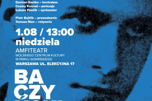 Plakat przedstawia wizerunek mężczyzny w monochromatycznych, niebieskich odcieniach z widocznym tekstem i informacjami o wydarzeniu. Na górze plakatu nazwisko 