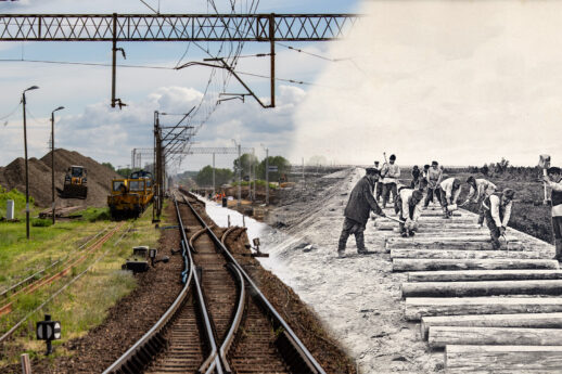 Zdjęcie ukazuje modernizację linii kolejowej, gdzie po lewej stronie widoczne są współczesne, elektryczne tory z semaforami oraz stacjonujący żółto-niebieski pociąg towarowy. Po prawej przedstawiono czarno-białą, historyczną fotografię ukazującą prace przy budowie linii, z robotnikami kładącymi drewniane podkłady i układającymi szyny. Kontrast między przeszłością a teraźniejszością podkreśla rozwojów