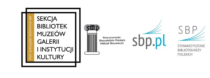 Obrazek prezentuje logo Sekcji Bibliotek Muzeów, Galerii i Instytucji Kultury obok logotypu Stowarzyszenia Bibliotekarzy Polskich i adresu strony internetowej sbp.pl. Logo składa się z napisu oraz graficznego symbolu kolumny, kojarzącej się z architekturą i tradycją. Barwy użyte w logo to odcienie niebieskiego i czarny.