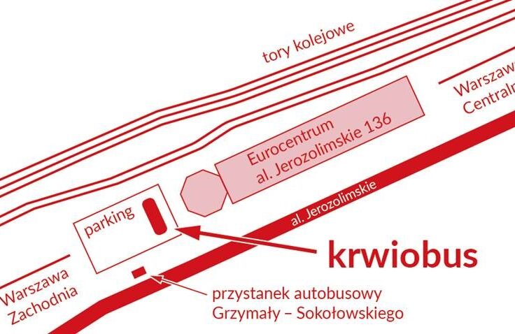 Grafika przedstawia mapę schematyczną z naniesionymi elementami takimi jak tory kolejowe, przystanek autobusowy i parking. Zaznaczono położenie ambulansu oddawania krwi nazwanego 