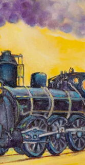 Obraz przedstawia kolorowy malarstwo parowozu ciągnącego wagony kolejowe, z dodatkowym efektem dymu wydobywającego się z komina. Maszyna i wagony są szczegółowo i realistycznie przedstawione na tle zachodzącego słońca. Dynamiczny charakter sceny podkreślony jest przez żółto-pomarańczowe refleksy światła na płótnie, które symbolizują zarówno rozgrzane przez pracę elementy parowozu, jak i pożegnanie dnia.