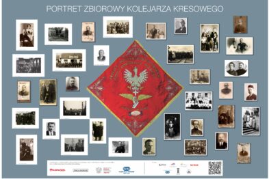 Kompozycja zawiera centralnie umieszczony, romboidalny herb otoczony fotografiami. Herb przedstawia orła w koronie na czerwonym tle, otoczony zielonym wieńcem. Otaczające go czarno-białe zdjęcia ukazują osoby, pociągi i inne elementy związane z koleją.