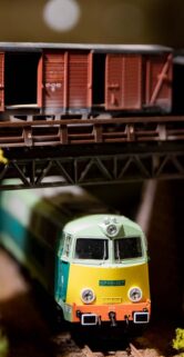 Widoczne są dwa modele pociągów znajdujące się na makiecie kolejowej. Górna część obrazu przedstawia czerwony lokomotyw towarowy przejeżdżający przez stalowy most, a w dolnej części zdjęcia widać model pociągu pasażerskiego, pomalowanego w jasnozielone i kremowe kolory, który wydaje się przejeżdżać pod mostem. Całość otaczają elementy krajobrazu, takie jak modele drzew, trawa oraz makietowe nasypy.