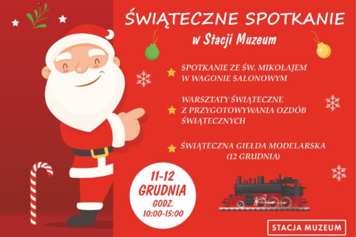 Ilustracja przedstawia uśmiechniętego Mikołaja z białą brodą i charakterystycznym czerwonym ubraniem trzymającego laskę. Mikołaj zdaje się wychodzić z pociągu. Tło grafiki stanowi ciemnoczerwona płaszczyzna z białymi płatkami śniegu oraz tekstem i grafikami nawiązującymi do tematyki kolejowej w kontekście świąt.