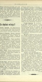 Wyświetlony jest skan starej strony z tekstem, pokrytym większością charakterystycznej czarnej, dawnej czcionki typograficznej. Strona ma charakterystyczne żółtawo-brązowe zabarwienie, co sugeruje, że jest to dokument historyczny lub archiwalny. Tekst jest napisany w języku polskim, z widocznymi podtytułami i akapitami, co wskazuje na formalną strukturę dokumentu, być może publikacji periodycznej lub książkowej.