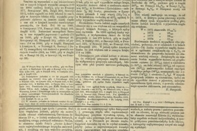 Strona z gazety zawiera wypełniony tekstem układ graficzny typowy dla XIX-wiecznych publikacji; mały, regularny druk i wąskie marginesy definiują kolumny. W tekście zauważalne są pojedyncze, pogrubione słowa lub frazy, które służą jako nagłówki oraz kilka wyróżnionych akapitów. Znajdują się tam również drobne ilustracje przerywnikowe, które oddzielają poszczególne sekcje lub artykuły.