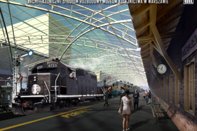Ilustracja przedstawia wizualizację wnętrza dworca kolejowego z kolekcją zabytkowych pociągów i elementów infrastruktury kolejowej. Widoczna lokomotywa parowa oraz pasażerowie spacerujący po peronie tworzą historyczną atmosferę miejsca. Zakrzywione szklane zadaszenie nad torami dodaje przestrzeni przestronności i nowoczesnego charakteru.
