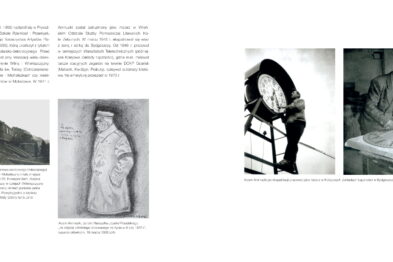 Strona z książki przedstawia czarno-białe fotografie i towarzyszące im opisy. Na jednym zdjęciu widać mężczyznę przy pracy, używającego dużego klucza, a na drugim osobę zajmującą się renowacją figurki. Trzecie zdjęcie przedstawia górę, a obok znajduje się rysunek postaci ludzkiej.