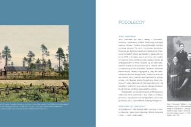 Na lewej stronie rozłożonej książki widnieje kolorowa ilustracja przedstawiająca krajobraz z niewielkimi budynkami i zadrzewienia w tle pod błękitnym niebem. Prawa strona zawiera tekst zatytułowany 
