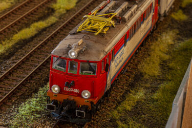 Model pociągu elektrycznego jest umieszczony na makiecie kolejowej, otoczony sztuczną roślinnością. Wagony mają czerwono-kremowe malowanie i są szczegółowo wykonane. Model przypomina lokomotywę serii EU07, która jest powszechnie używana w Polsce.