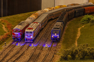 Trzy modele pociągów wyposażone w oświetlenie stoją na makiety torów kolejowych, otoczone przez realistycznie wyglądające trawy i krzewy. Środkowy pociąg ma kolor srebrno-czerwony, podczas gdy dwa pozostałe są w kolorach błękitnym i szarym. Otoczenie modeli jest starannie wykonane, naśladując prawdziwe otoczenie linii kolejowych.