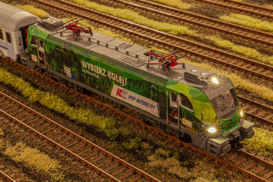 Model elektrycznej lokomotywy pasażerskiej z zielonym malowaniem porusza się po makiecie kolejowej z wieloma torami. Na bokach lokomotywy widoczne są białe napisy i grafiki. Tło makiety to tekstura przypominająca naturalne otoczenie, z żółtymi i zielonymi odcieniami przypominającymi roślinność.