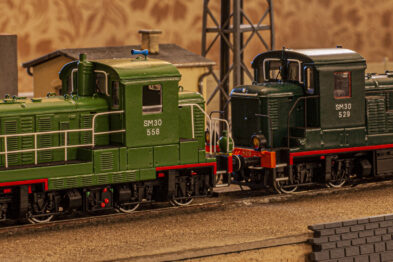 Dwa modele lokomotyw stoją na torach obok siebie, odzwierciedlając detale prawdziwych pojazdów kolejowych. Obydwa modele są zielone z czerwonymi elementami na dole i charakteryzują się wysoką starannością wykonania. Otoczenie makiet tworzy realistyczne tło przemysłowe z budynkami i innym osprzętem kolejowym.