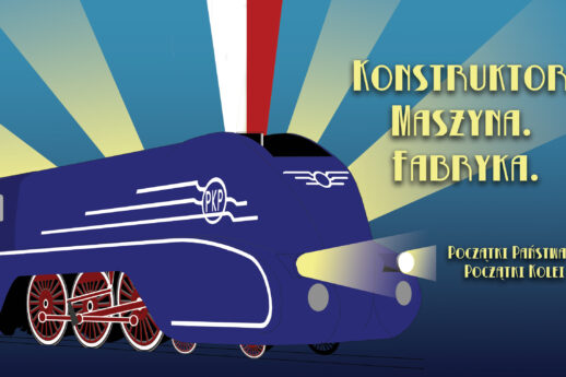 Grafika stylizowana przedstawia błękitną lokomotywę parową z czerwonym kołem i białą obręczą. Nad maszyną widać słowa: 