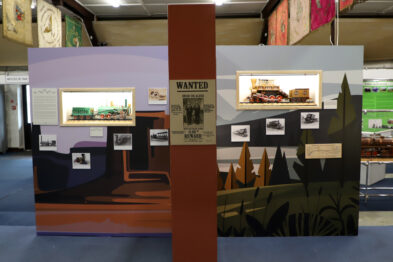 Ściany wystawy są pomalowane w ciepłych, ziemistych barwach i dekorowane grafikami przypominającymi dziką przyrodę oraz sceny z życia pionierów. W gablotach są umieszczone modele XIX-wiecznych amerykańskich lokomotyw parowych. Plakaty w stylu 