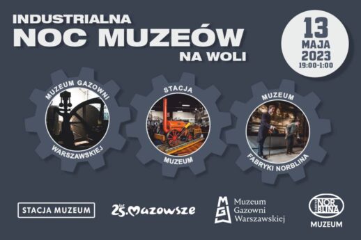 Plakat promuje Industrialną Noc Muzeów na Woli, która odbędzie się 13 maja 2023 roku od godziny 19:00 do 1:00. Zawiera logotypy trzech muzeów: Stacji Muzeum, Muzeum Gazownictwa Warszawskiego i Muzeum Fabryki Norblina oraz grafiki symbolizujące ich działalność, jak lokomotywa, gazometr i elementy przemysłowe. Na środku znajduje się informacja o programie w Stacji Muzeum, z napisem 