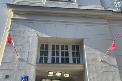 Budynek Biblioteki Publicznej o białej elewacji posiada otwarte na oścież dwuskrzydłowe drzwi, przez które widać wewnętrzne przejście. Na ścianie widnieją dwie flagi w kolorze czerwonym, zawieszone po obu stronach wejścia, oraz tabliczka z nazwą ulicy. Wokół drzwi widać elementy klasycznej architektury, takie jak gzymsy i obramowania okienne, podkreślające elegancki charakter budowli.