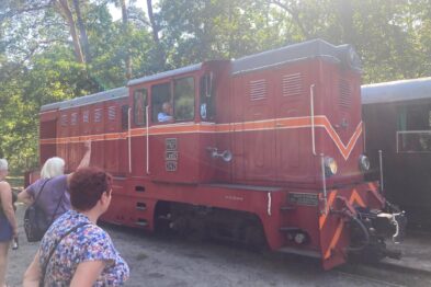 Czerwony lokomotyw wąskotorowy stoi na torach, a obok niego widać częściowo wagon pasażerski. Starsza osoba macha do maszynisty z wnętrza lokomotywy przez otwarte okno kabiny. Kobieta z zainteresowaniem przygląda się pojazdowi, stojąc blisko torów.