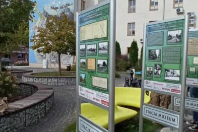 Trzy duże panele informacyjne z treścią przypominającą wystawę umieszczone są w stojakach na zewnątrz przy brukowanej ścieżce. Panele zawierają tekst i obrazki związane z tematyką kolejnictwa, prezentując historyczne i współczesne aspekty roli kolei w rozwoju regionu. W tle widać budynek i drzewa, a pogoda jest słoneczna.