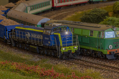 Model lokomotywy w kolorze zielonym z niebieskimi paskami ciągnie za sobą wagony pasażerskie po torach ułożonych na makiety z roślinnością po bokach. Detale są precyzyjne, widać kolorowe kwiaty i różnorodną zieleń, które dodają realizmu scenie. Oświetlenie podkreśla kształty i kolory modelu, tworząc efekt głębi.