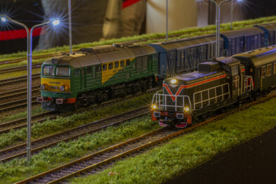 Model kolejowy przedstawia lokomotywy i wagony na torach na szczegółowo wykonanej makiety. W tle widoczne są modele lamp oświetleniowych oraz imitacje roślinności. Oświetlenie makiet naśladuje scenariusz nocny, a detale konstrukcji są wyraźnie podkreślone.