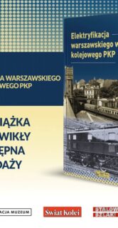 Plakat promuje książkę zatytułowaną "Elektryfikacja Warszawskiego Węzła Kolejowego 1933–1950" autorstwa Marka Ćwikły, która jest dostępna w sprzedaży. Na grafice widać okładkę publikacji z fotografiami przedstawiającymi elementy związane z koleją, w tym elektryczny zespół trakcyjny i infrastrukturę kolejową. Logotypy firm i instytucji stowarzyszonych z książką i kolejnictwem, takie jak SKM,