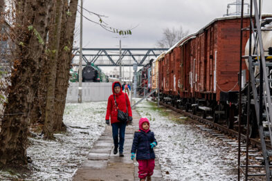 Na śnieżnym chodniku między torami kolejowymi maszeruje dwoje ludzi: dorosły i dziecko trzymające się za ręce. Po obu stronach ścieżki ustawione są stare wagony kolejowe i lokomotywy, które są częścią muzealnej ekspozycji. Pomiędzy drzewami i kolejowymi eksponatami widać lekko posypaną śniegiem trawę i elementy infrastruktury kolei.