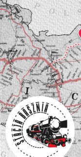 Grafika z napisem: 140 LAT LINII KOLEJOWEJ JAROSŁAW–SOKAL. Obok logotyp Stacja Basznia z wizerunkiem czarnego parowozu. W tle stara mapa z przebiegiem linii kolejowych