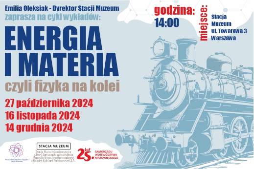 Niebieskie tło. Napis Emili aOlsksiak - Dyrektor Stacji Muzeum zaprasza na cykl wykładów 