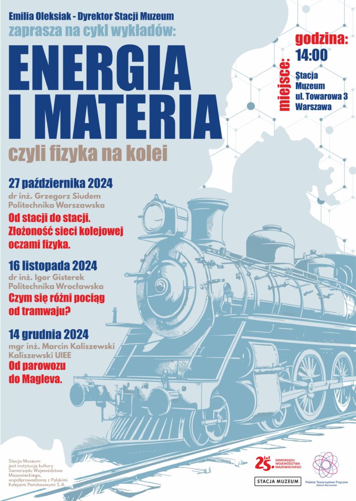 Niebieskie tło. Napis Emili aOlsksiak - Dyrektor Stacji Muzeum zaprasza na cykl wykładów "Energia i materia, czyli fizyka na kolei". Terminy 27 października, 16 listopada i 14 grudnia. Po prawej rysunek parowozu. Pod spodem logotyp Stacji Muzeum, Samorządu Województwa Mazowieckiego i Polskiego Towarzystwa Fizycznego Oddział Warszawski