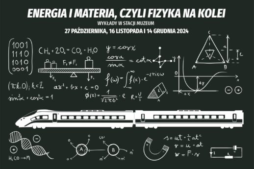 Rysunki i wzory z fizyki, tytuł: Energia i materia, czyli fizyka na kolei. Wykłady w Stacji Muzeum: 27 października, 16 listopada i 14 grudnia 2024. Sylwetka szybkiego pociągu