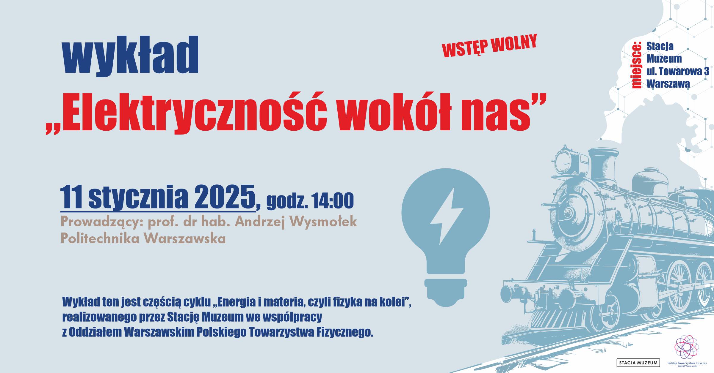 Na grafice parowóz, symbol żarówki, tytuł, data i godzina wykładu, nazwisko prowadzącego