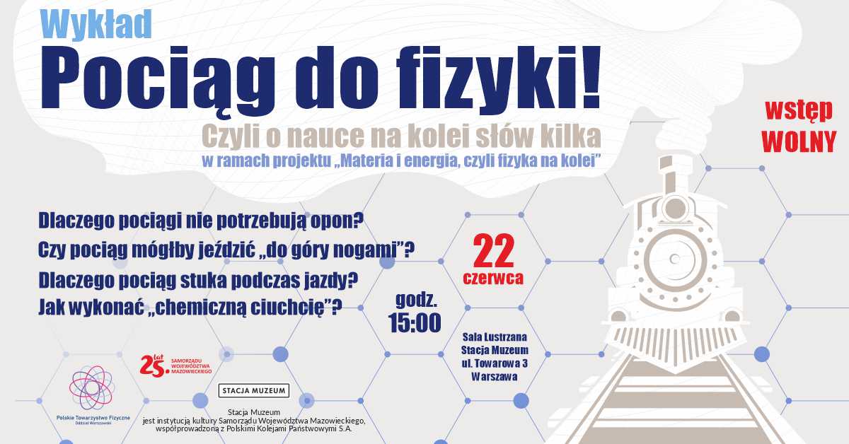 Plakat wykładu „Pociąg do fizyki! Czyli o nauce na kolei słów kilka” z terminem, godziną i miejscem. Logotypy organizatorów. Elementy graficzne nawiązujące do fizyki i kolejnictwa