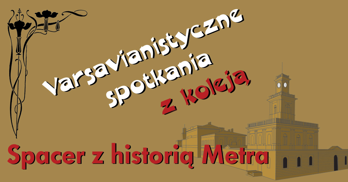 Na jasnobrązowym tle rysunek dużego budynku z wieżą zegarową