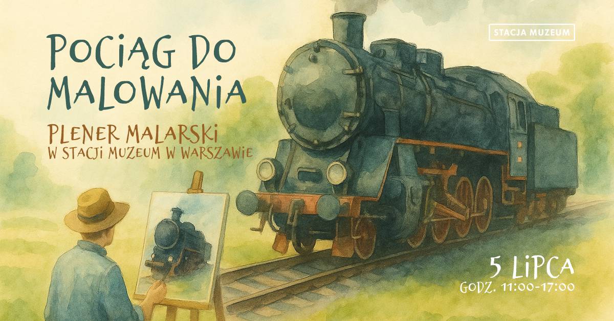 Akwarelowy obraz przedstawiający malarza stojącego przy sztaludze na tle parowozu Mężczyzna w słomkowym kapeluszu i niebieskiej koszuli maluje lokomotywę, która stoi na torach w otoczeniu zieleni. Scena odbywa się w słoneczny dzień, a stylistyka obrazu przypomina technikę malowania akwarelami. Z komina parowozu nie unosi się dym.