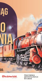 Plakat wystawy poplenerowej pt. ‘Pociąg do malowania’. Po prawej stronie ilustracja czerwonego parowozu, z którego komina zamiast dymu wychodzą pędzle malarskie pozostawiające kolorowe smugi farby. Po lewej stronie pionowy napis: ‘Otwarcie wystawy poplenerowej 4 września godz. 14:00’. W prawym dolnym rogu informacje: ‘Galeria Wagon, Stacja Muzeum, Warszawa, ul. Towarowa 3’. Logo Stacji Muzeum na białym tle
