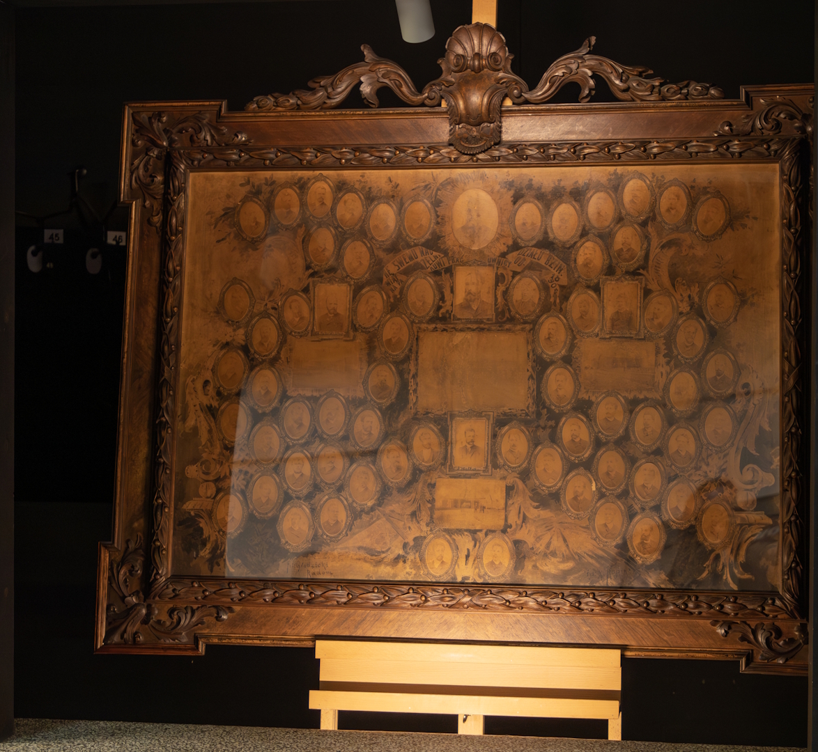 Stare, ozdobne drzewo genealogiczne oprawione w bogato rzeźbioną drewnianą ramę. Wewnątrz widoczne są liczne owalne portrety osób, ułożone w strukturę przypominającą genealogiczne drzewo rodzinne. Całość ma wyblakły, sepiowy odcień, a obraz jest ustawiony na sztaludze w ciemnym pomieszczeniu