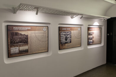 Biała ściana z powieszonymi na niej planszami wystawy