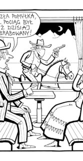 Czarno-biały rysunek jadącej pary w przedziale wagonu. Za oknem kowboj na koniu uniesionym pistoletem w dłoni