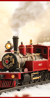 Kartka świąteczna ze św. Mikołajem i parowozem puszczającym parę